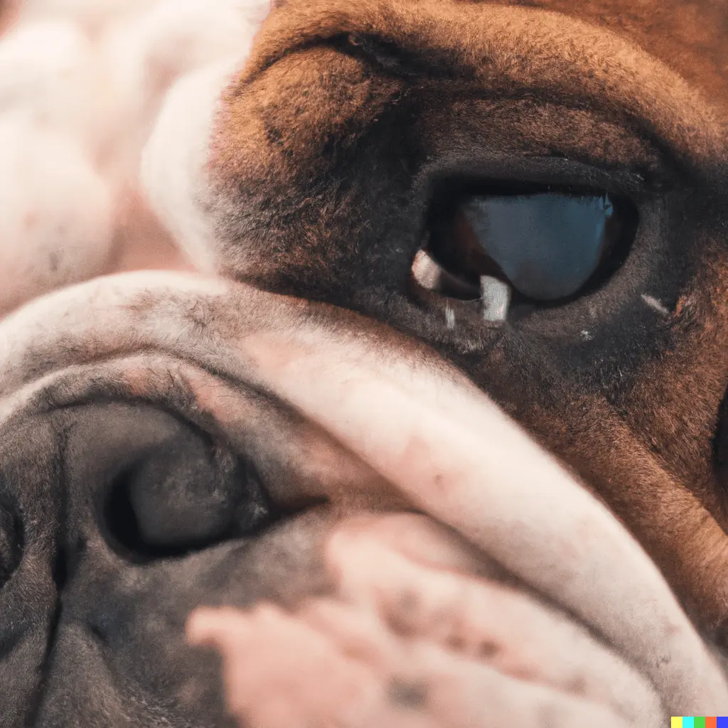 DALL·E 2023 03 18 21.37.57 close up of english bulldog suffering from eye problem. The bulldogs face filling the frame with visible eye redness and discharge In a veterinarian