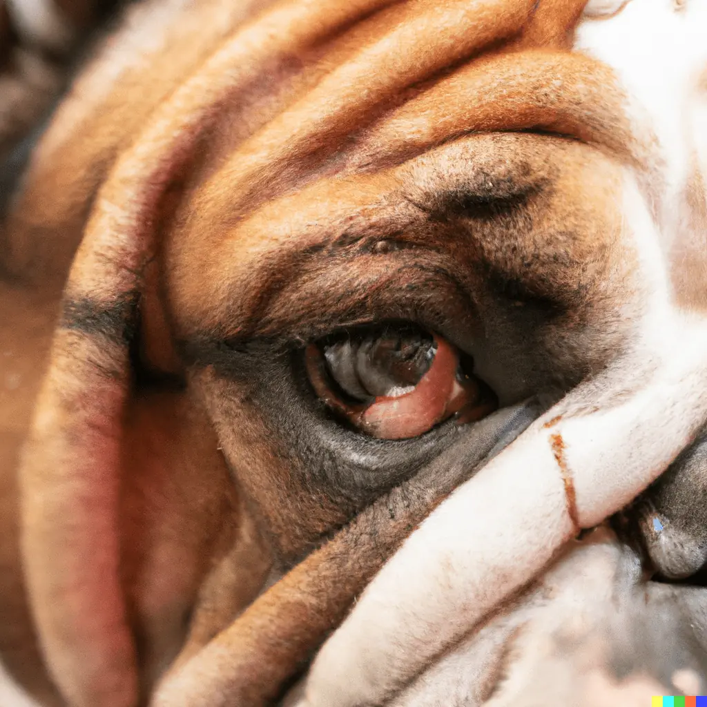 DALL·E 2023 03 18 21.40.03 close up of english bulldog suffering from cherry eye. The bulldogs face filling the frame with visible eye redness and discharge In a veterinarian